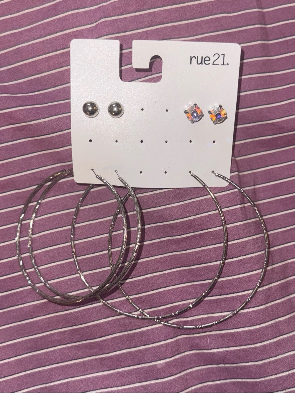 Rue21 Silver-Tone Hoop and Stud Earring Set with Iridescent Gems